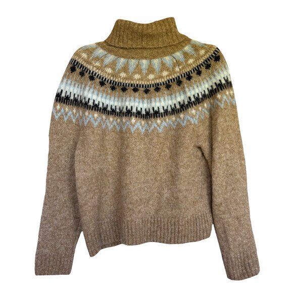 H&M Fair Isle Tan Mohair Turtleneck Sweater - Blue & White Winter Pattern - Picture 1 of 5